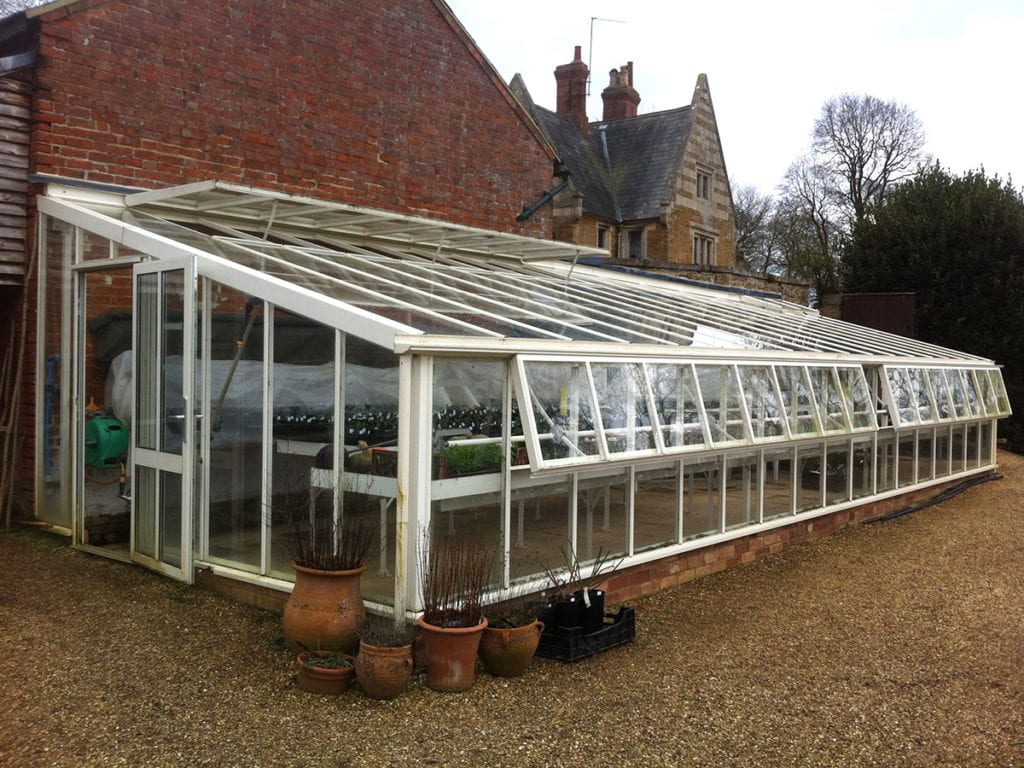 Bespoke Victorian lean-to greenhouse at Coton Manor in Northamptonshire