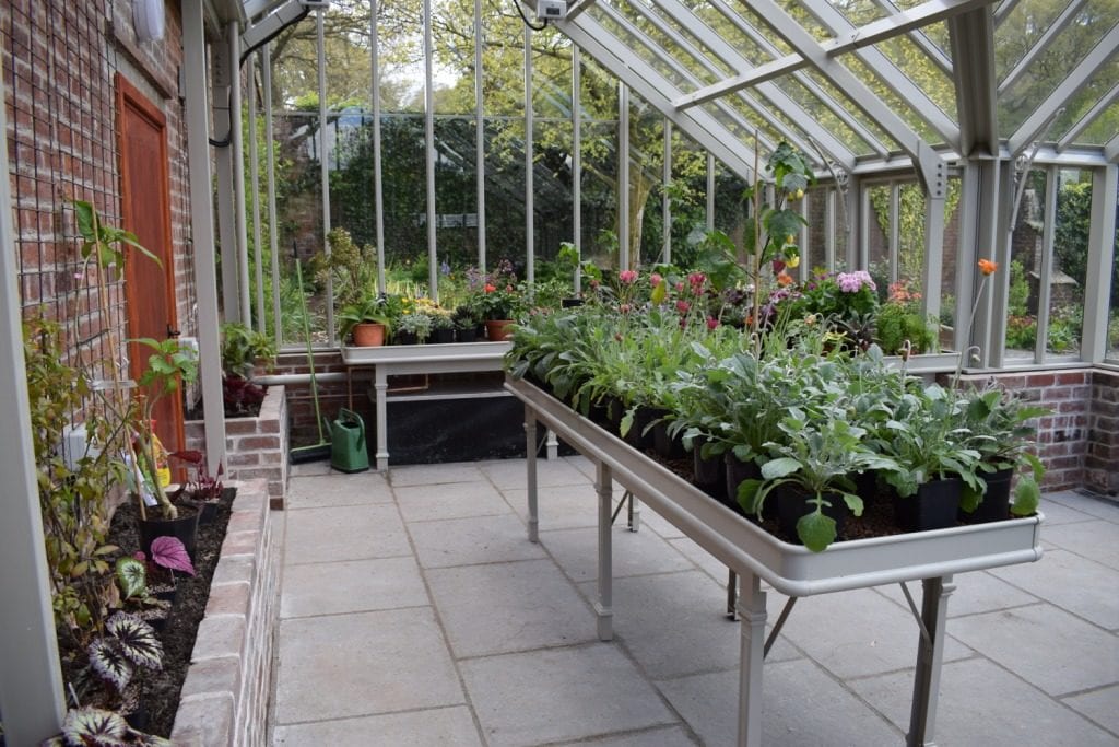 Victorian greenhouse bench at Holehird Gardens Cumbria